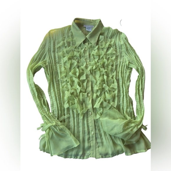 Vintage Y2K 90s Lime Green Mesh Blouse Bell Sleeves Medium Festival Fairy Whimsy - Picture 8 of 8